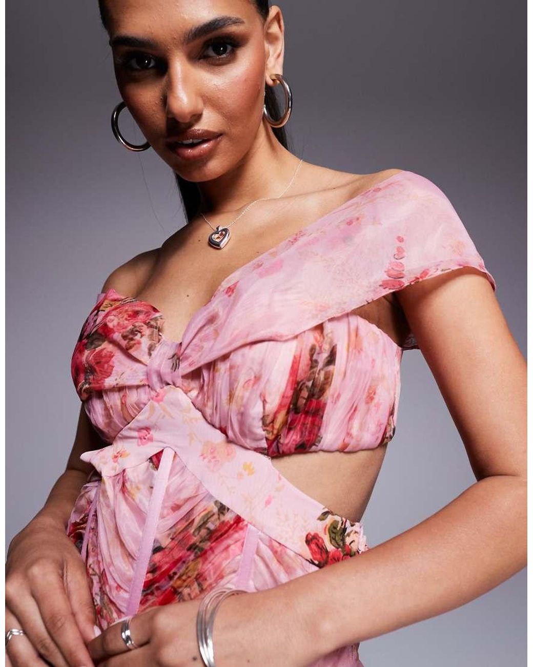 ASOS Pink Printed Organza And Chiffon Maxi Dress
