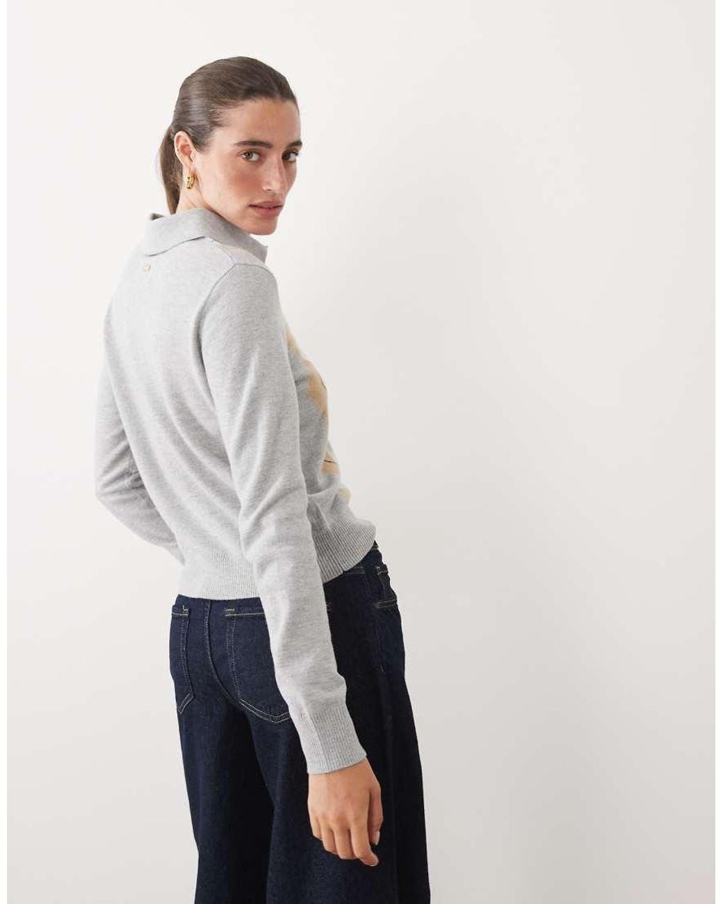 Barbour White Fawne Argyle Knitted Polo Jumper