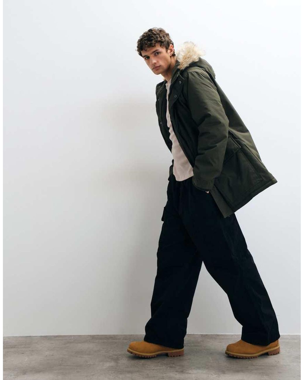 French Connection Gray Faux Fur Hood Detail Padded Parka Jacket for men