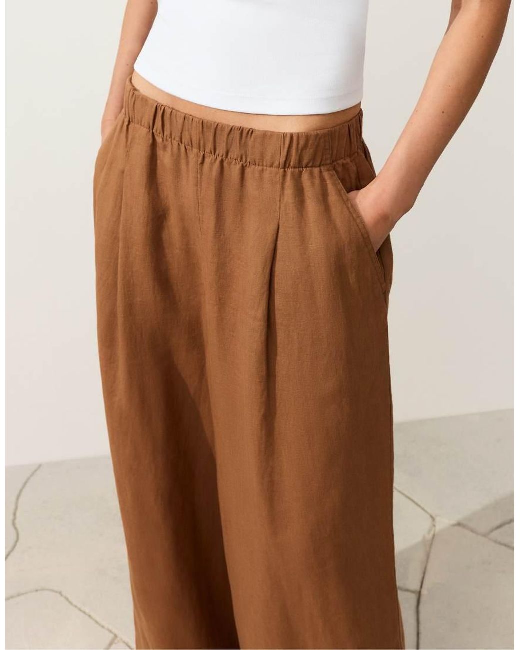 Oysho Natural 100% Linen Wide Leg Trousers