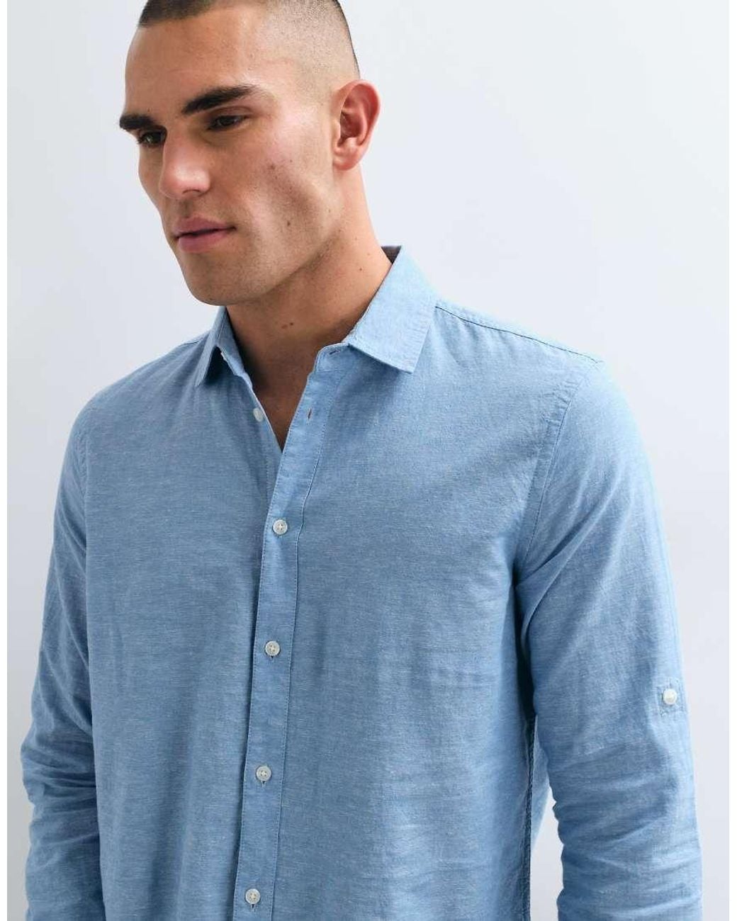 Blend Blue Cotton-linen Regular Fit Long Sleeve Shirt for men