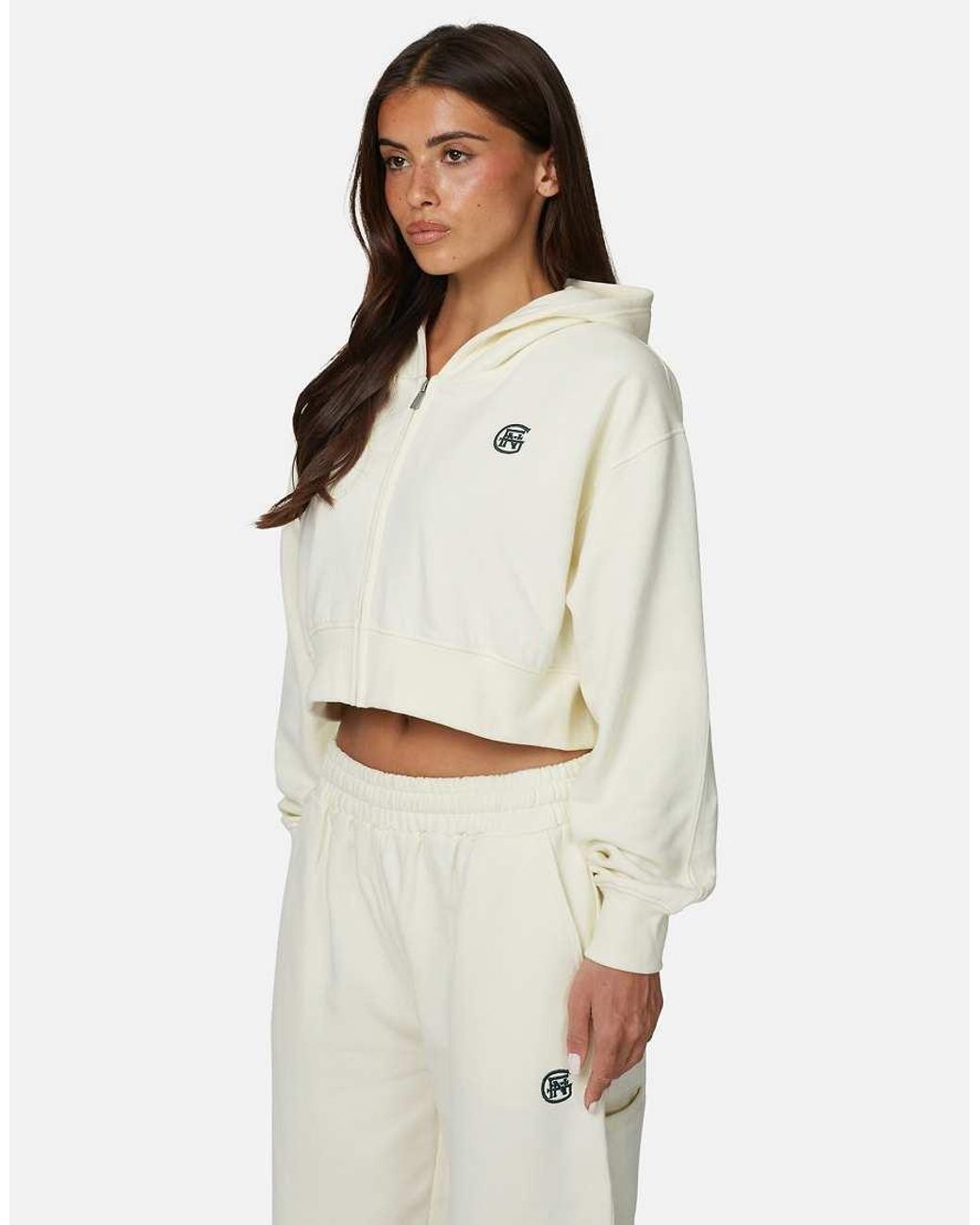 Good For Nothing White Cropped Zip Hoodie With Monogram