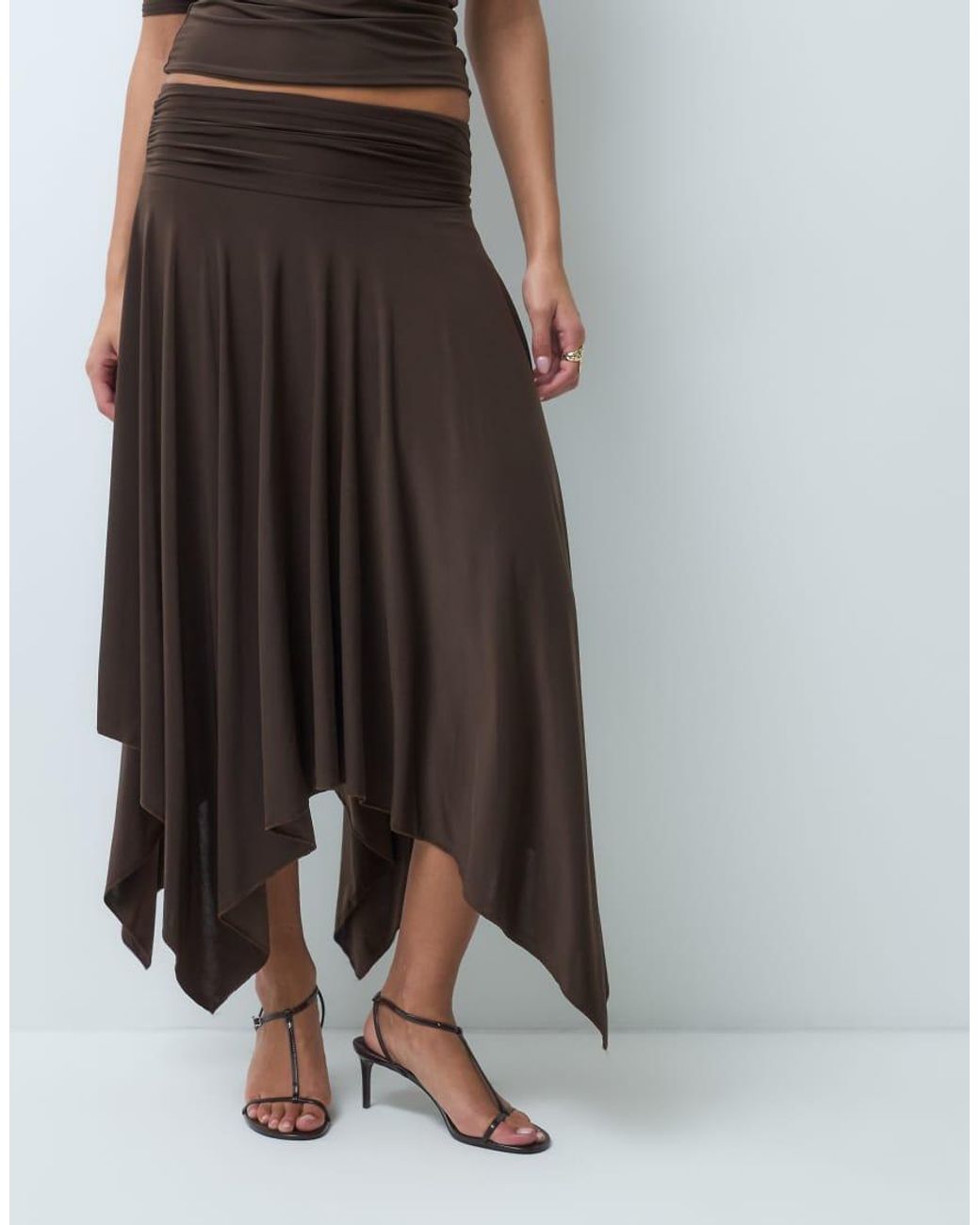 Kaiia White Exclusive Double Sculpted Slinky Fold Over Detail Asymmetric Fairy Hem Midaxi Skirt Co-Ord