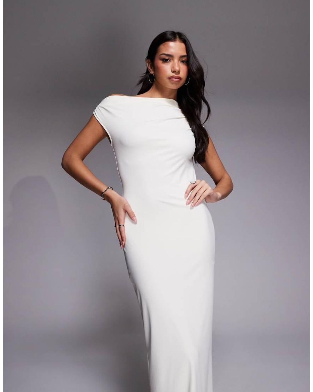 The Frolic Gray Exclusive Asymmetric Off Shoulder Maxi Dress
