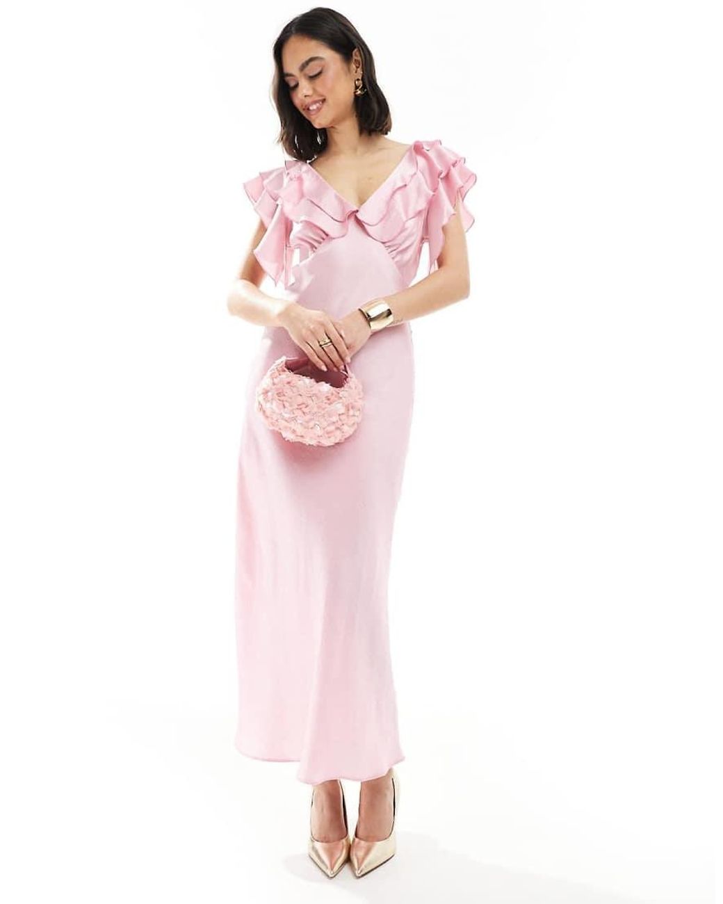 new look pink satin dress Tall Light Pink Satin Empire Line Ruffle Trim Midi Dress
