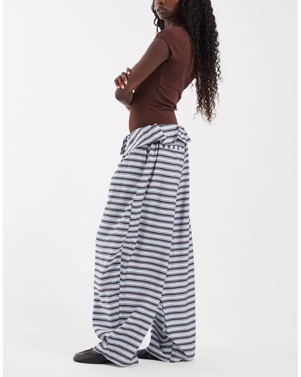 ASOS Blue Poplin Fold Over Pleated Wide Leg Trouser