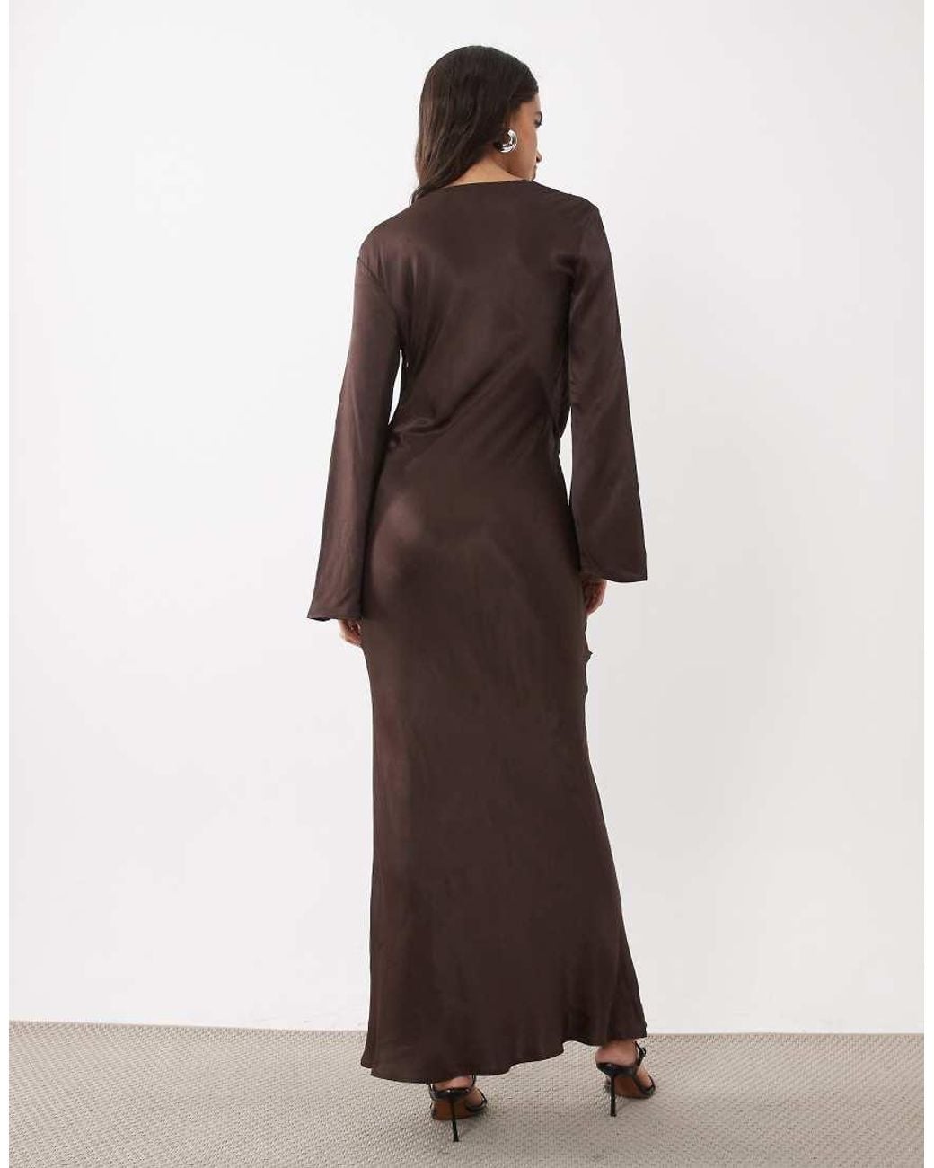 ASOS Brown Satin Drape Front Long Sleeve Maxi Dress