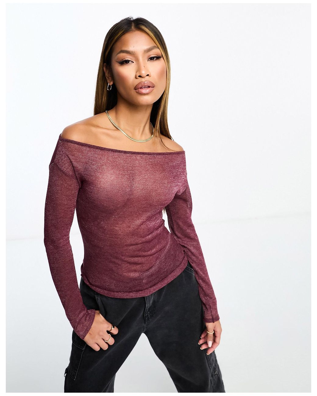 ASOS Sheer Knitted Off Shoulder Top in Red Lyst UK