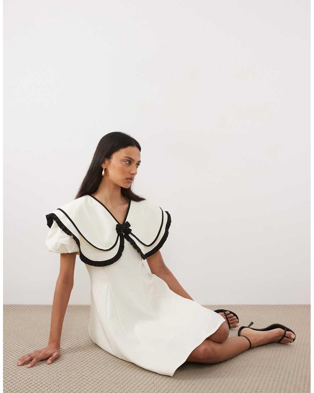 Sister Jane Natural Oversized Collar Puff Sleeve Mini Dress With Detachable Beaded Bow