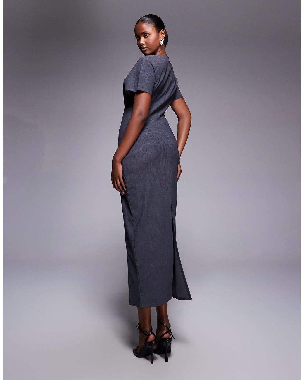 ASOS Blue Structured Short Sleeve V Neck Seamed Midi Dress