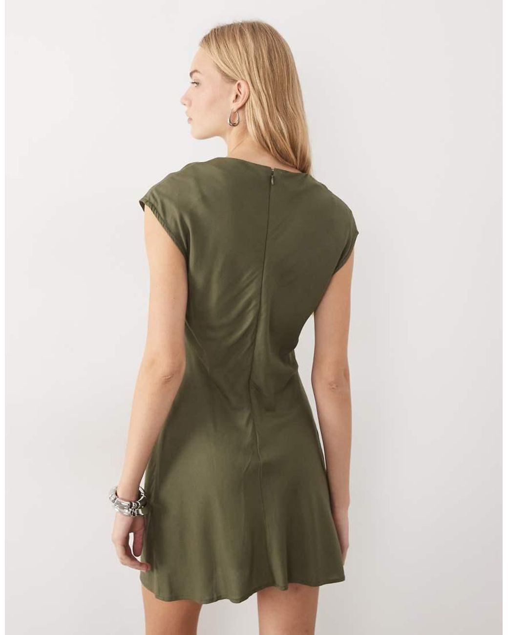 ASOS Green Funnel Neck Smock Mini Shirt Dress With Blouson Sleeve