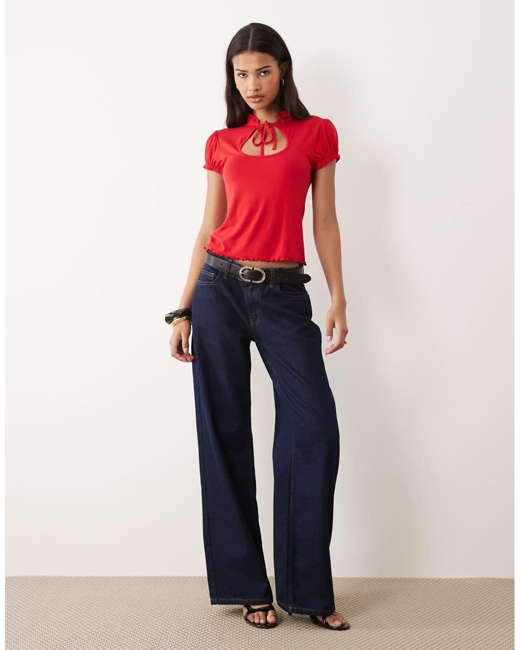 Miss Selfridge Red Cap Sleeve Keyhole Top