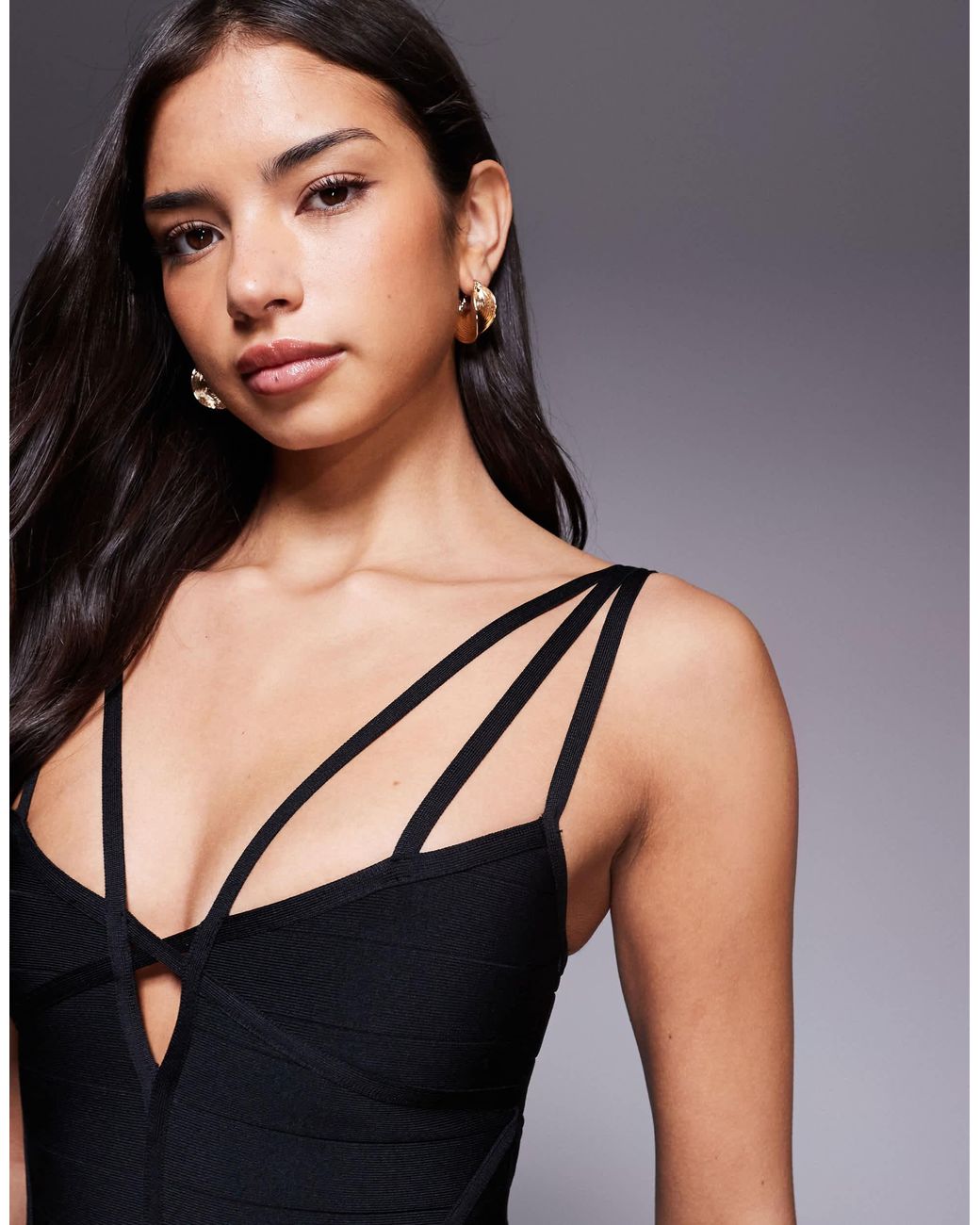 Kaiia Black Exclusive Premium Sculpting Bandage Bodycon Strappy Keyhole Detail Mini Dress