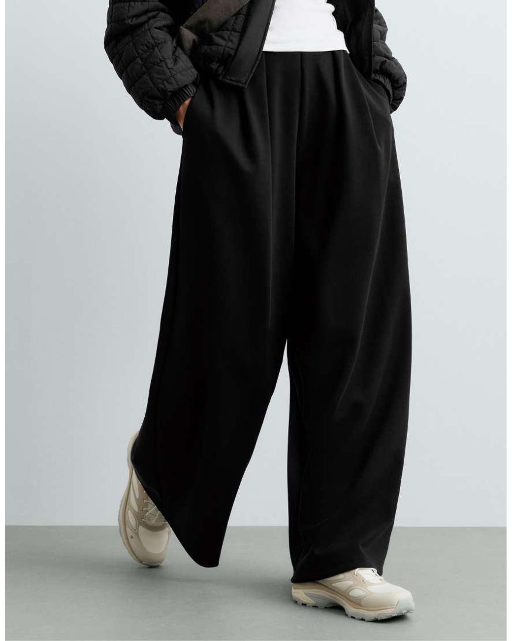 Oysho Black Modal Piqué Wide-Leg Trousers
