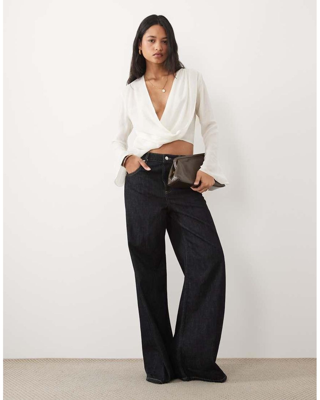 ASOS White Asos Desgin Draped Chiffon Long Sleeve Top