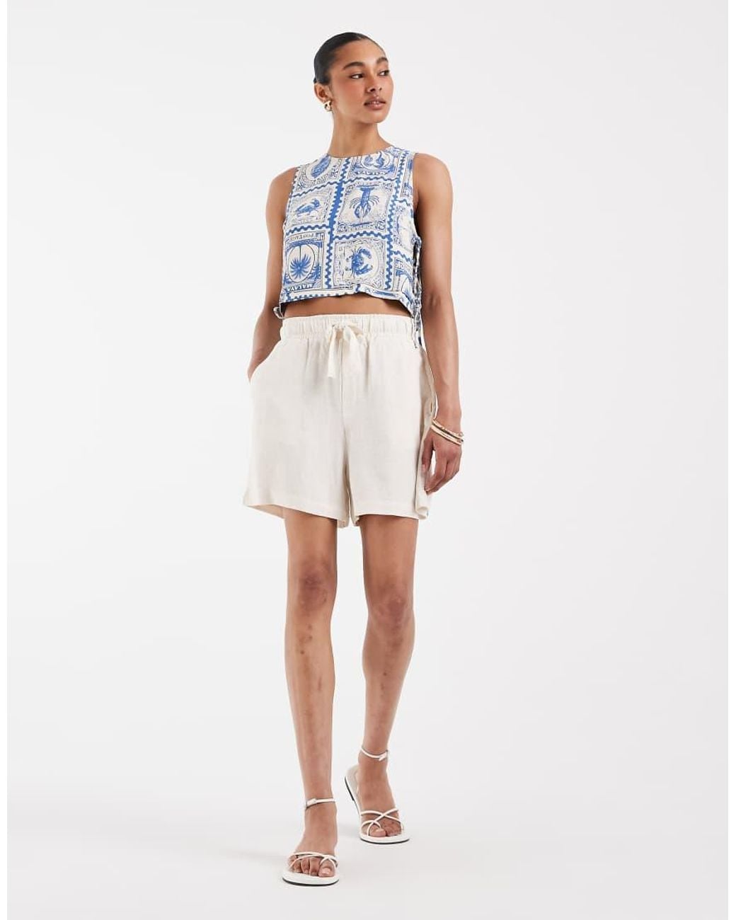 Object White Loose Tie Waist Linen Touch Shorts