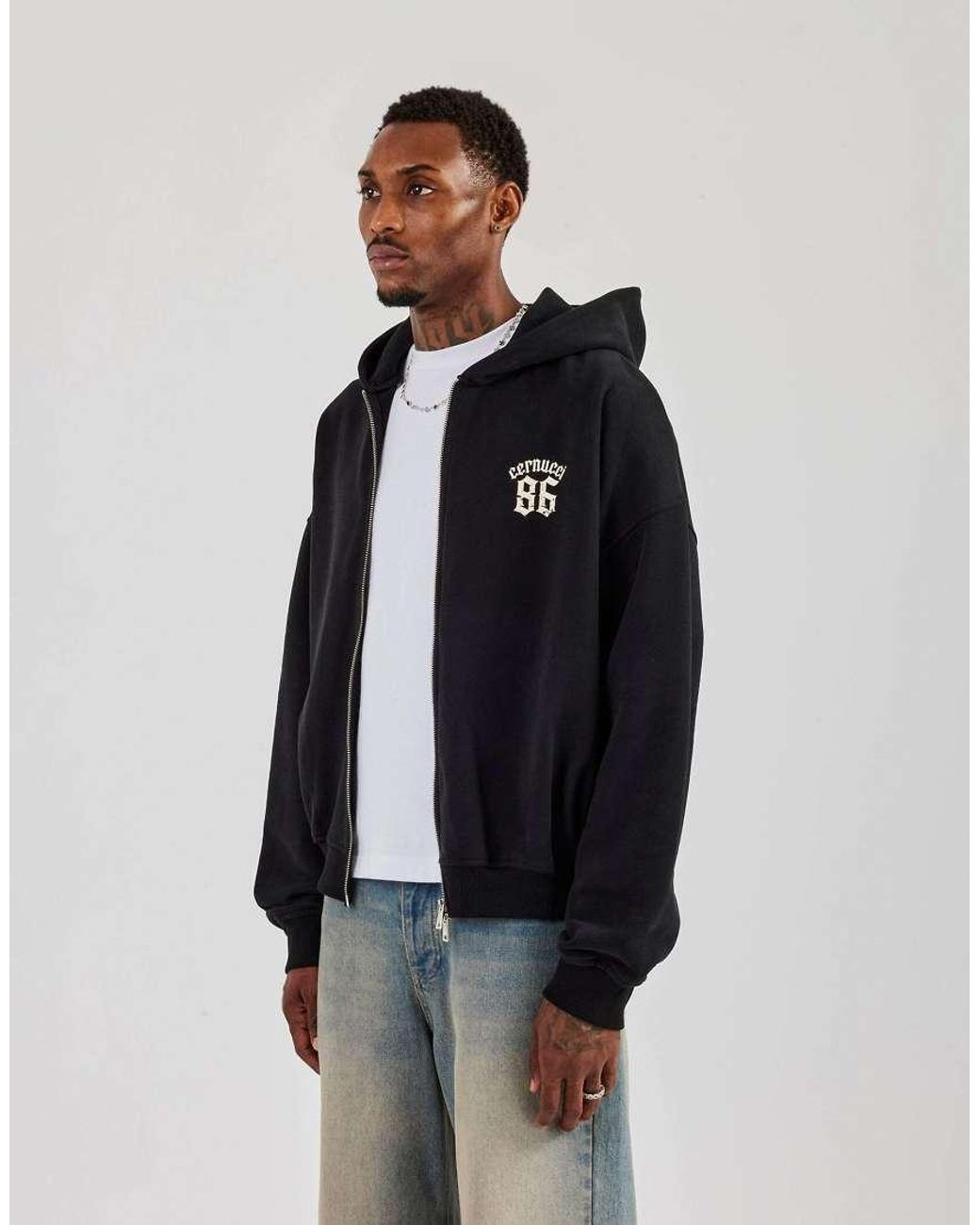 CERNUCCI Black 86 Back Print Zip Through Boxy Hoodie for men