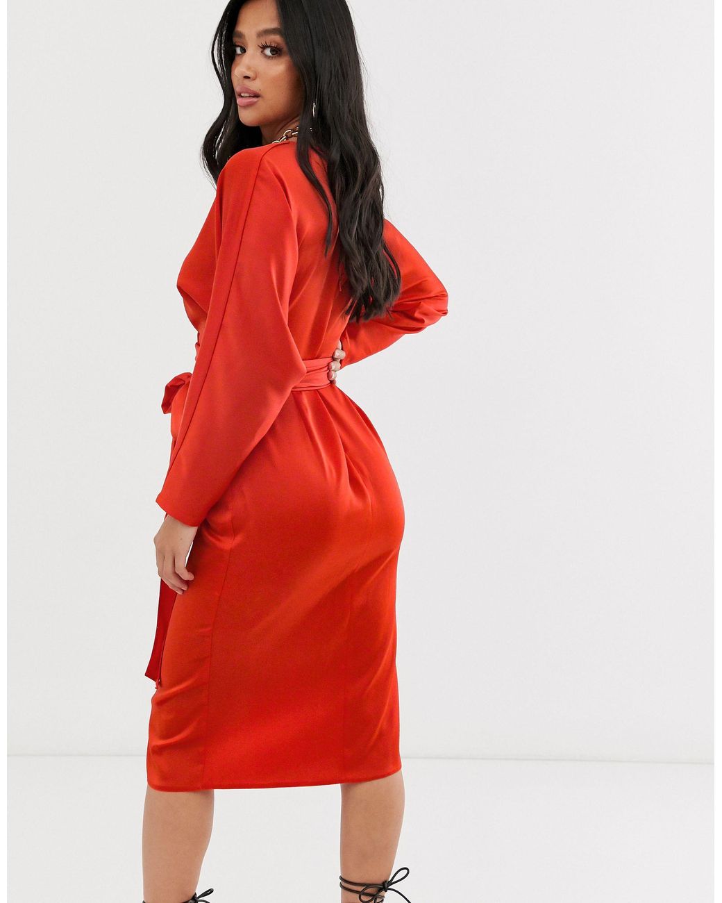 midi dress with batwing sleeve and wrap waist in satin