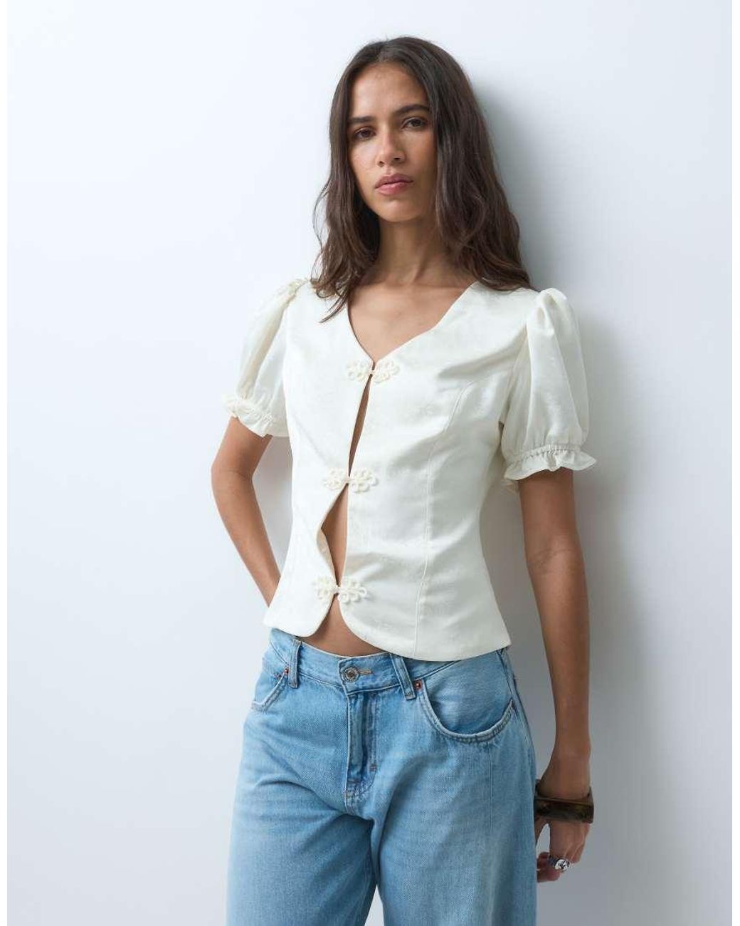 Miss Selfridge Blue Satin Jacquard Mandarin Inspired Top