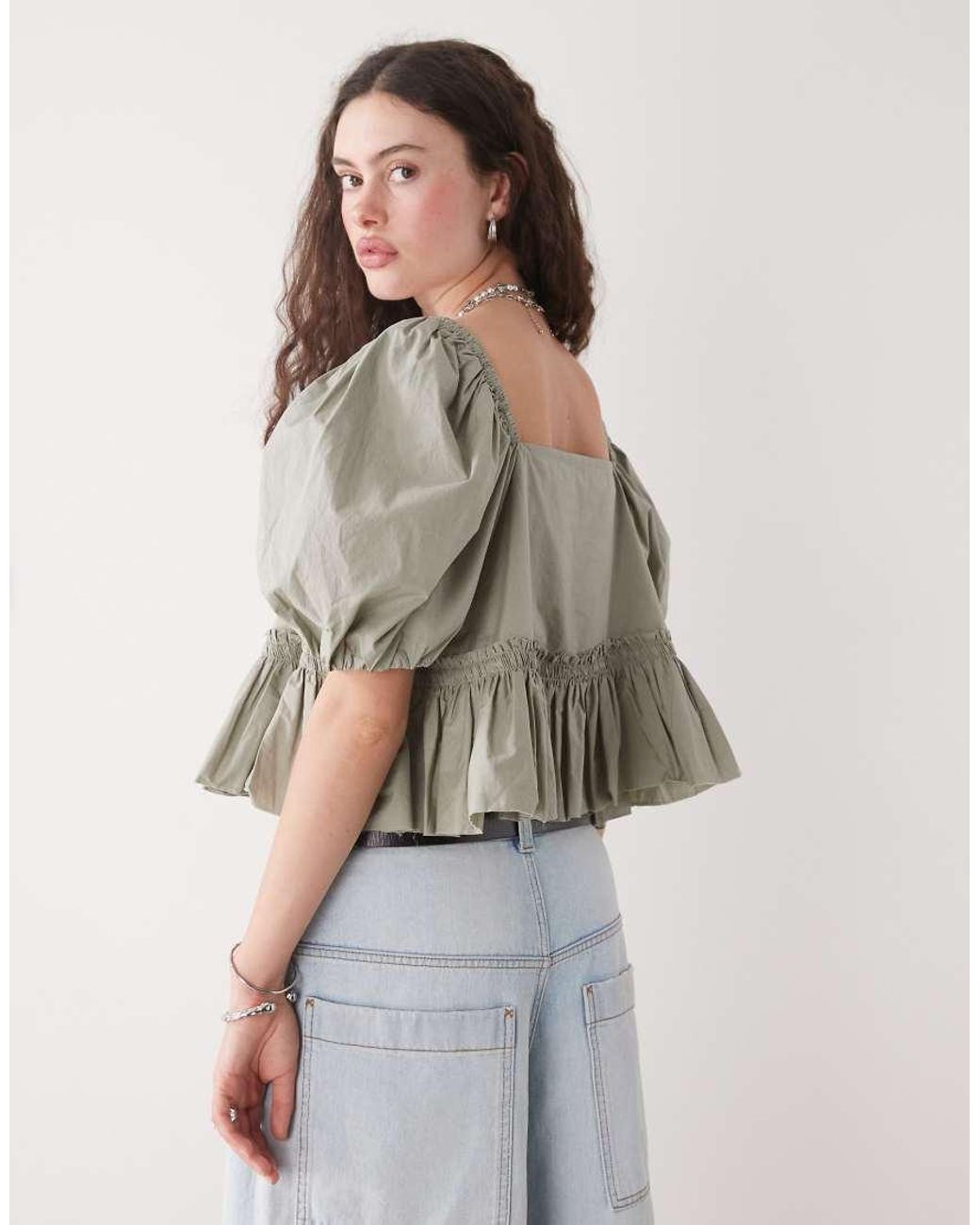 Monki Gray Puff Sleeve Milkmaid Peplum Blouse