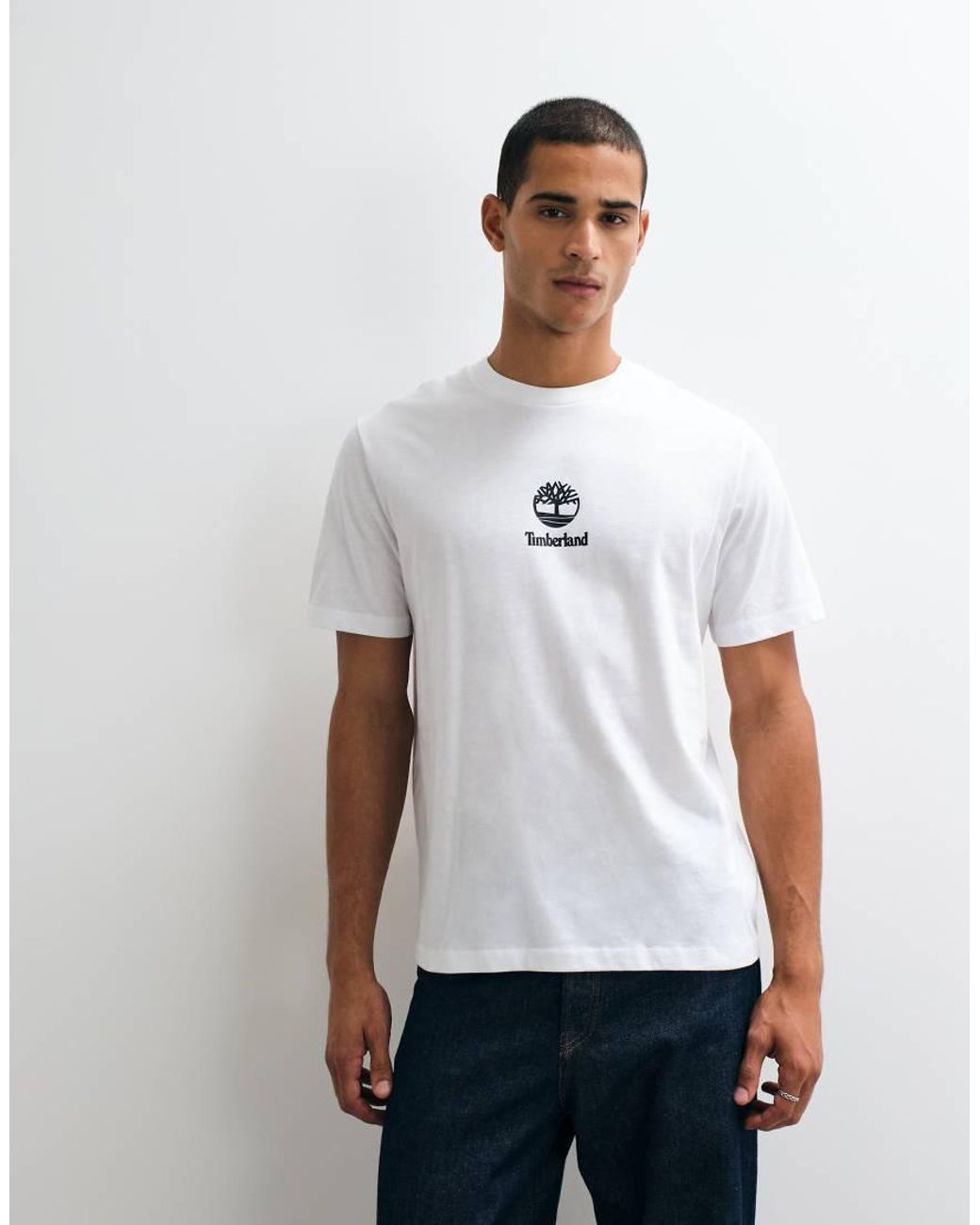 Timberland White Print Stack Logo Short Sleeve Tee for men