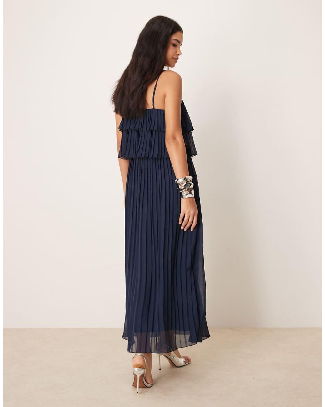 Vila Blue Pleated Ruffle Layer Cami Maxi Dress