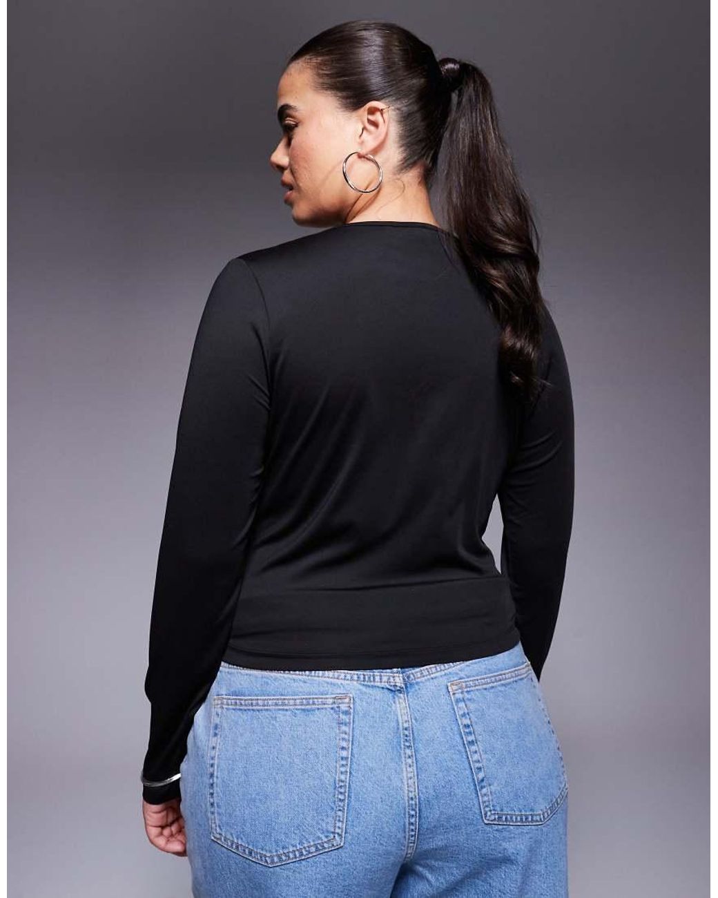 ASOS Black Asos Design Curve Double Layer Long Sleeve Deep V Neck Top