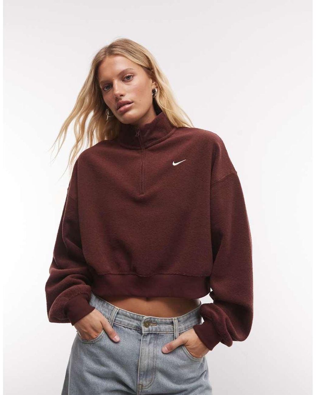 Nike Red Studio Fleece Fleece Quarter Zip Oversized Cropped Sweat