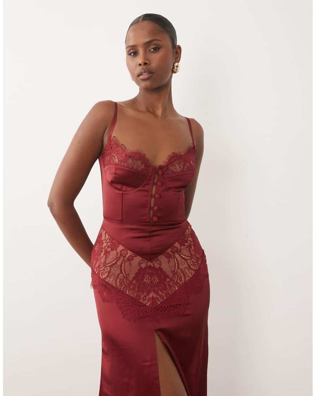 The Dolls House Red Dolce Exclusive Premium Satin And Lace Insert Cami Maxi Dress