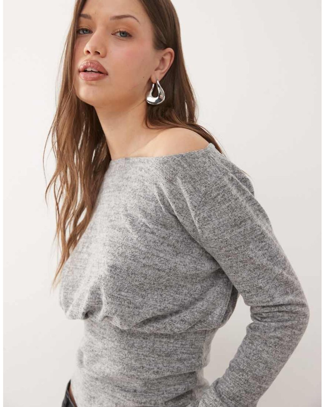 Collusion Gray Deep Hem Slash Neck Long Sleeve Top