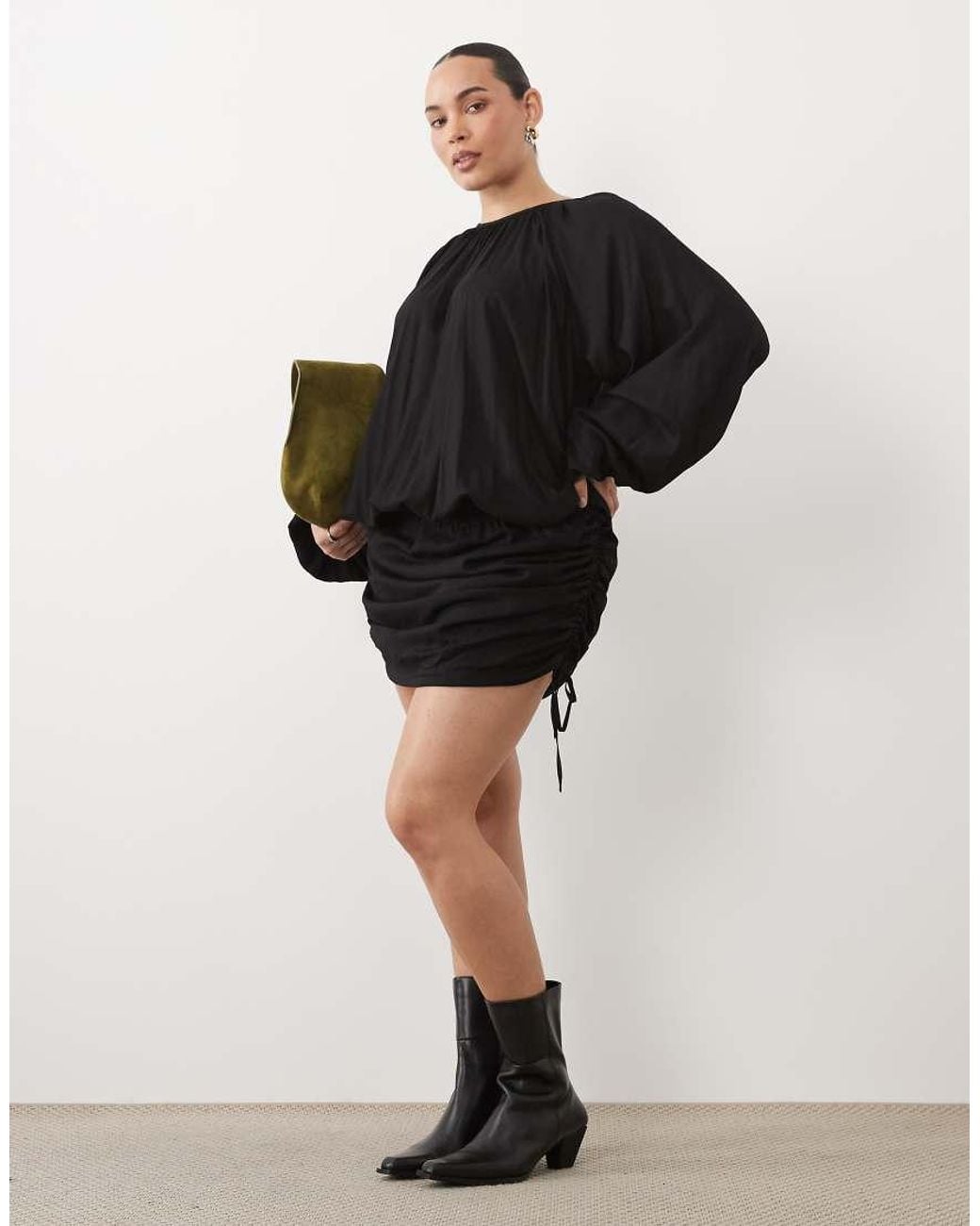 ASOS Black Asos Design Curve Crew Neck Mini Dress With Gathered Skirt Detail