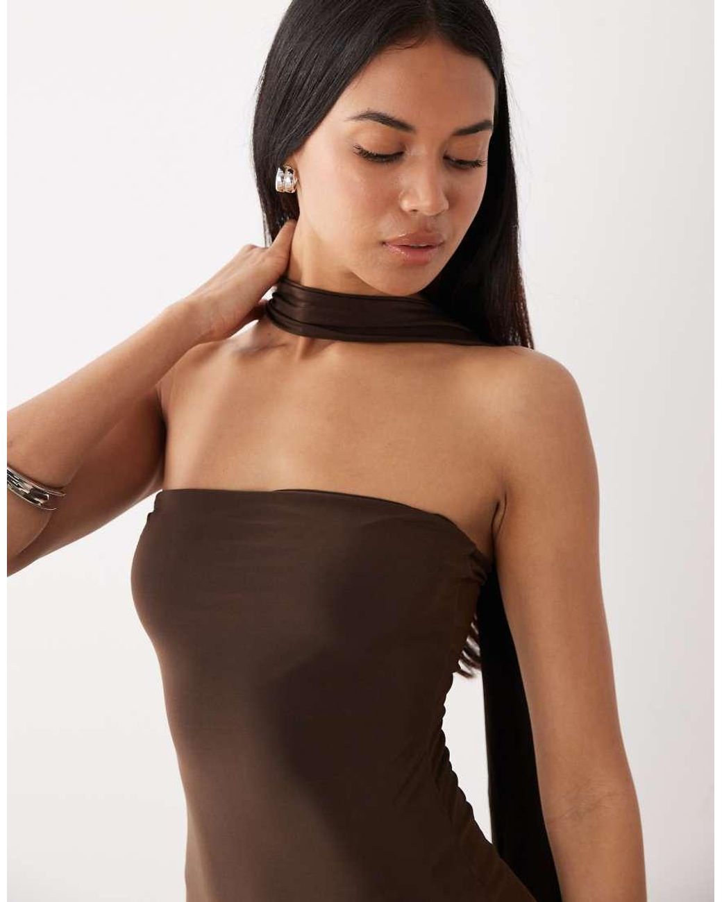 Kaiia Brown Exclusive Double Layered Slinky Scarf Detail Bandeau Ruffle Hem Mini Dress
