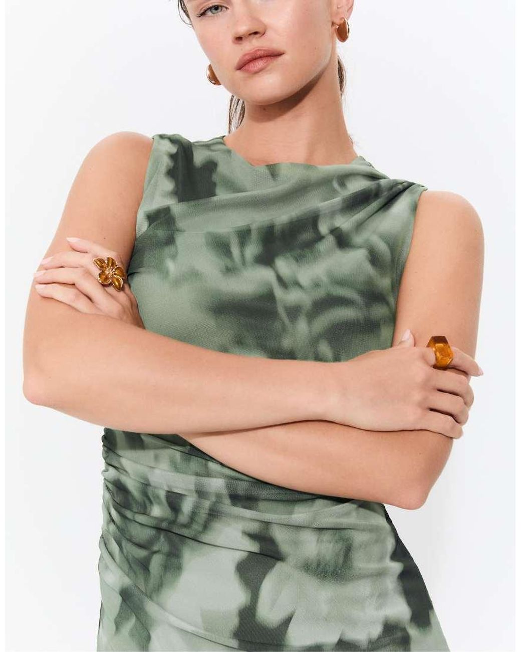 Stradivarius Printed Tulle Midi Dress in Green | Lyst UK