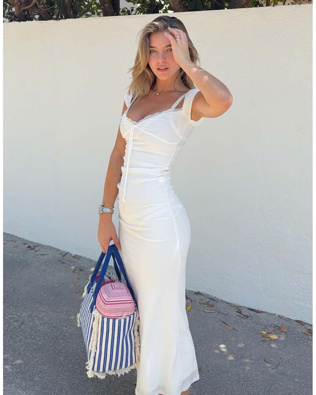 Bershka White Lace Crinkle Midi Dress