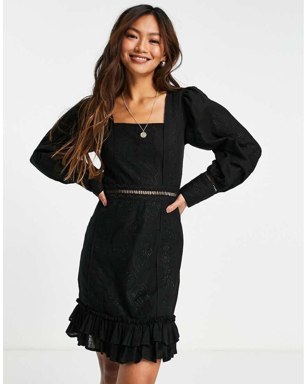 ASOS Black Embroidered Square Neck Lace Trim Mini Dress