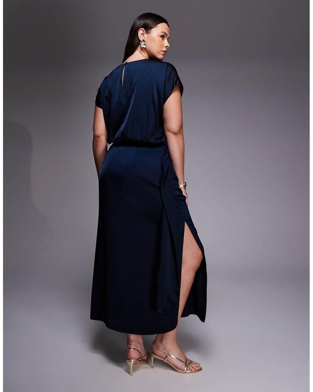 ASOS Blue Asos Design Curve Satin Flutter Sleeve Draped Waist Maxi Dress