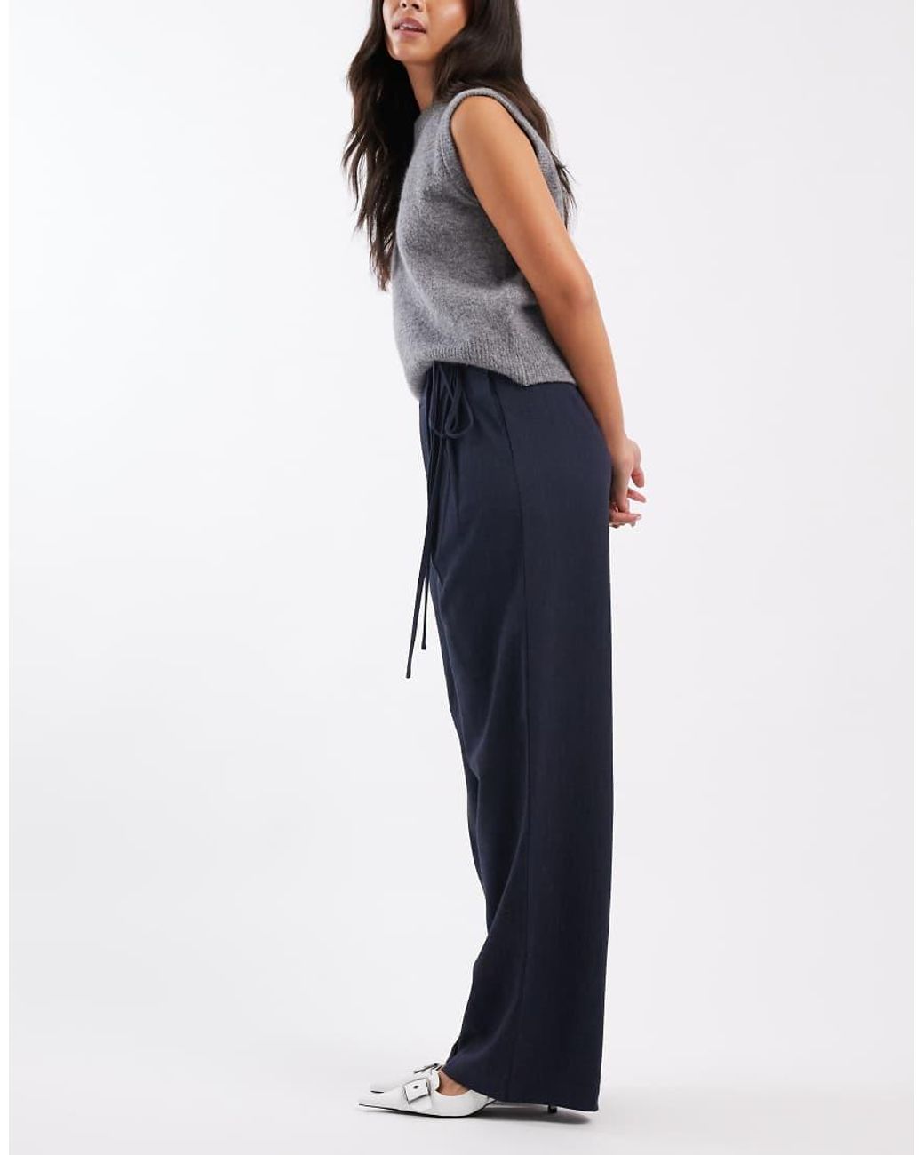 ASOS Blue Tailored Wide Leg Trousers With Wrap Tie Detail
