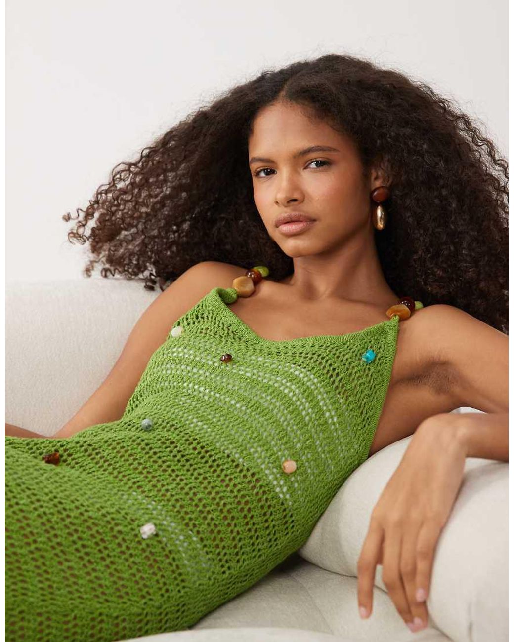 ASOS Green Slub Stitch Beaded Maxi Dress