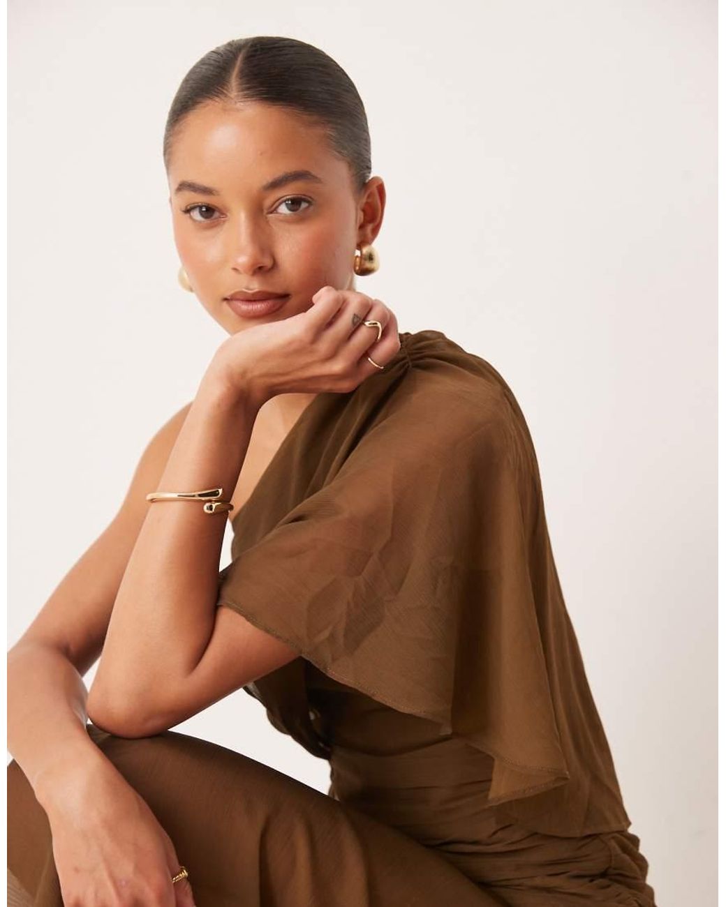 ASOS Brown Cape One Shoulder Ruched Bodice Maxi Dress