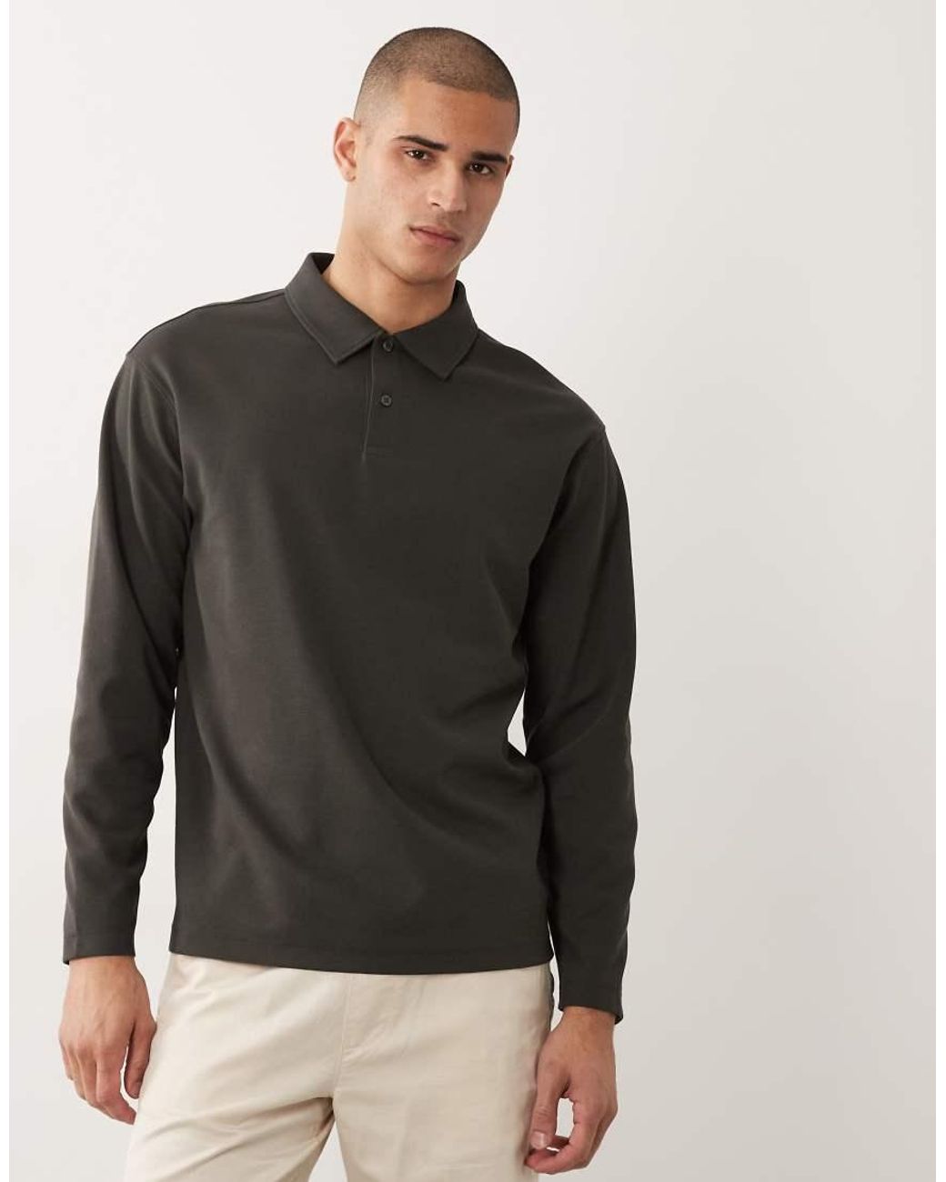 SELECTED Black Waffle Long Sleeve Polo for men