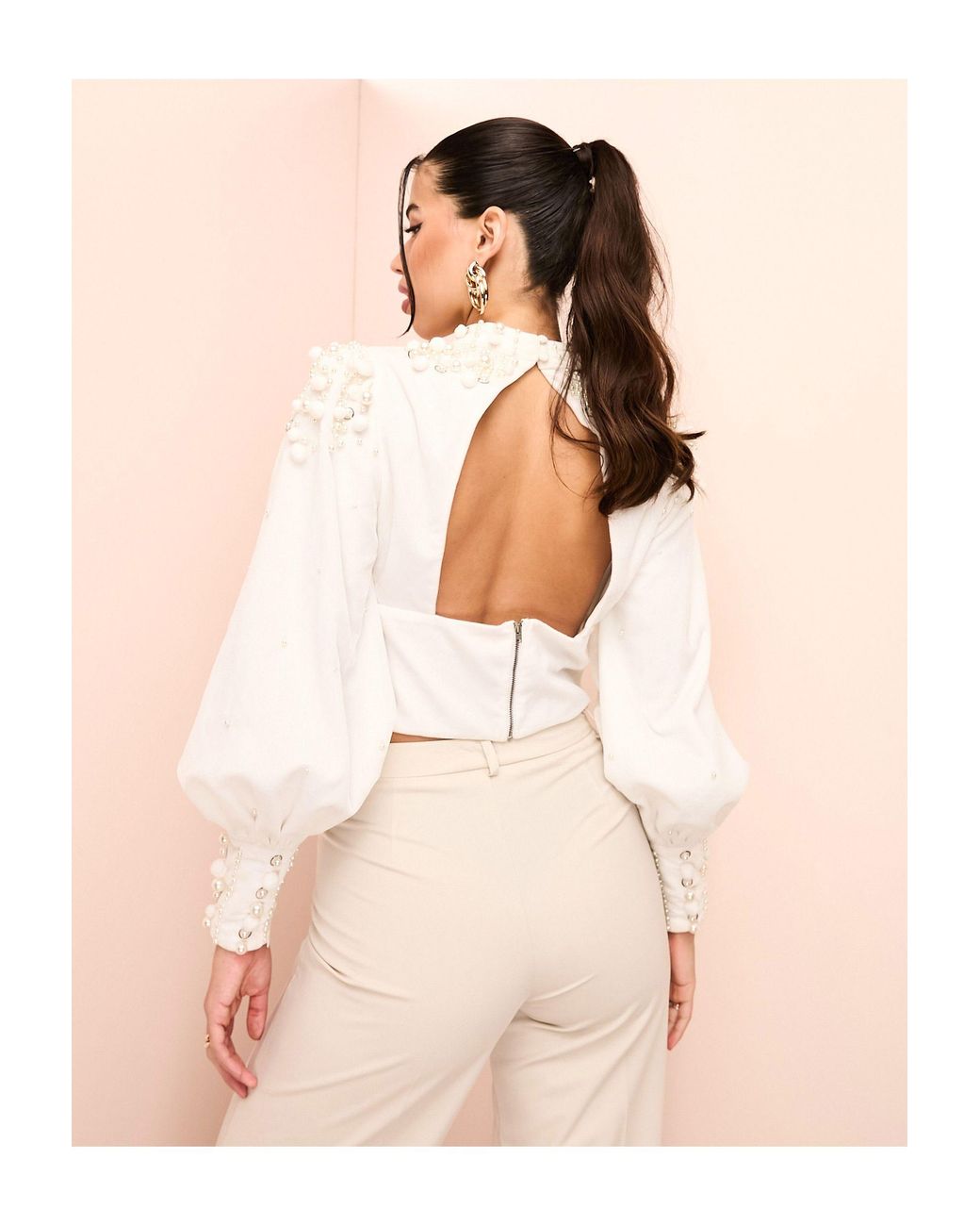 ASOS High Neck Pearl Embellishment Velvet Top in Natural Lyst UK