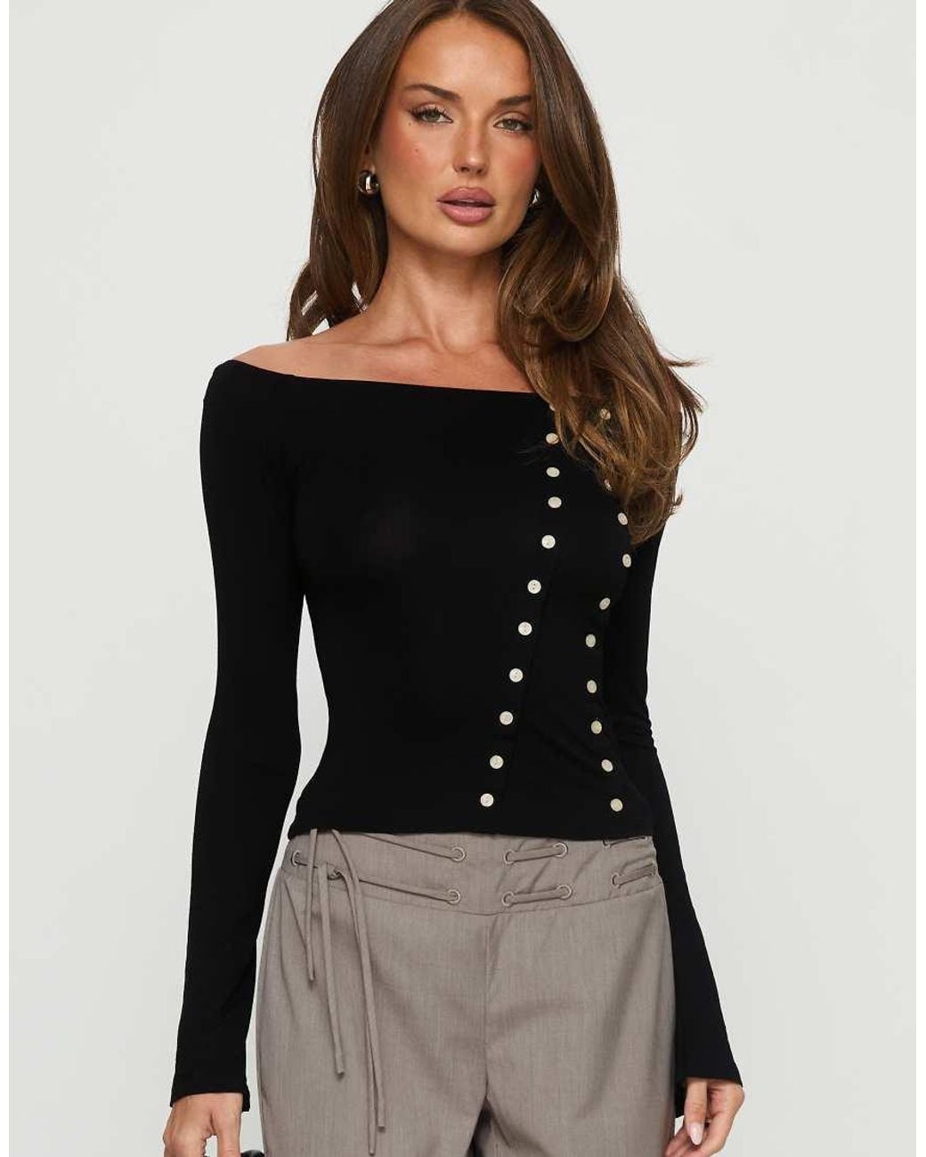 Princess Polly Black Jillianna Cotton Rich Bardot Button Detail Long Sleeve Top