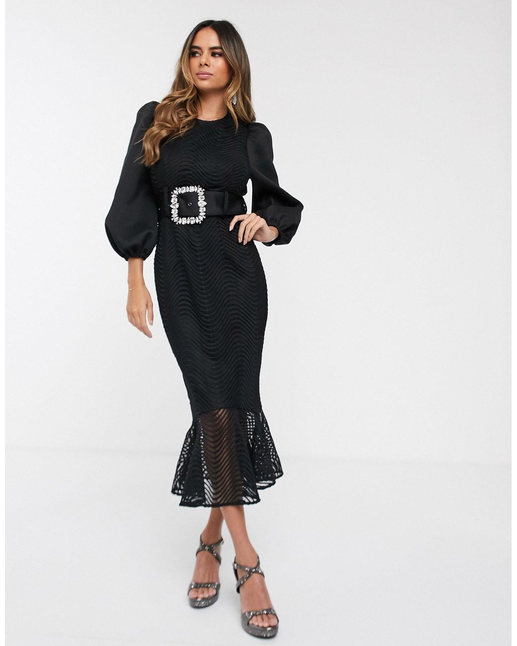 ASOS wiggle Lace Diamante Belt Pep Hem Midi Dress black Lyst UK