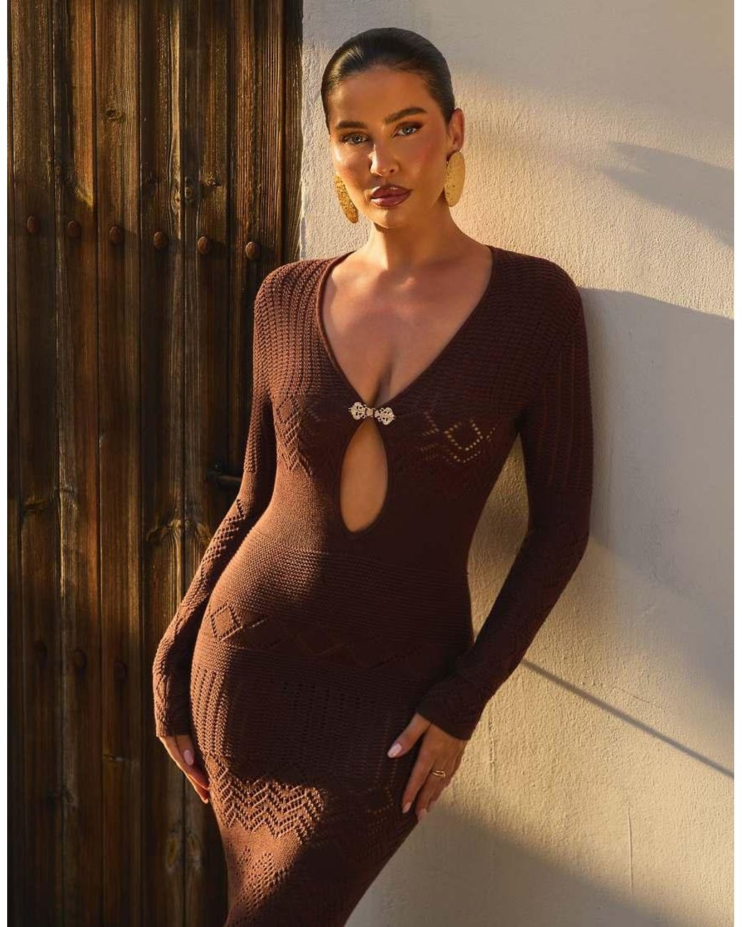 Wanderdoll Brown Wander Doll X Emma Milton Cotton Crochet Knit Gold Hardware Keyhole Front Maxi Dress