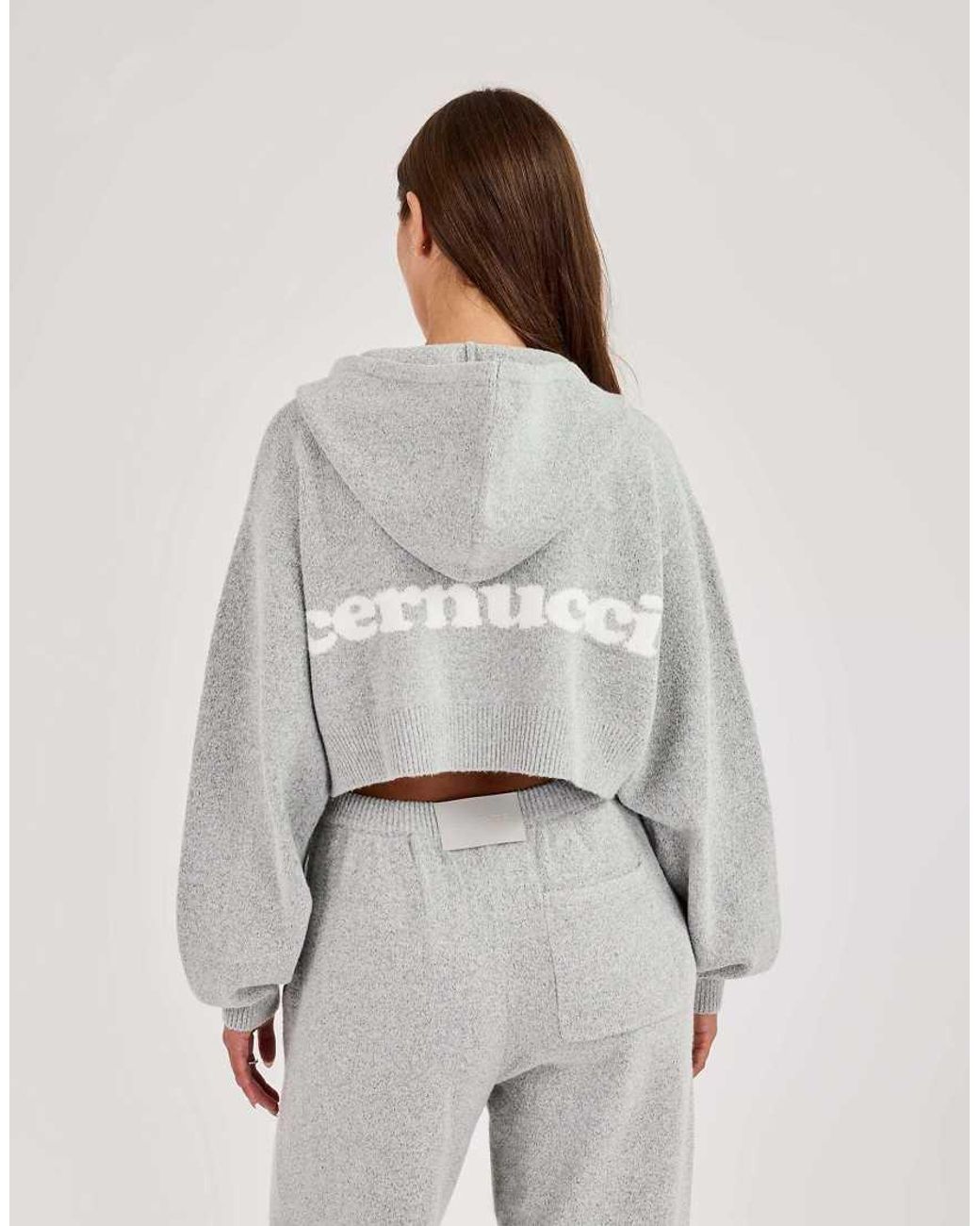 CERNUCCI Gray Knitted Logo Cropped Zip Hoodie