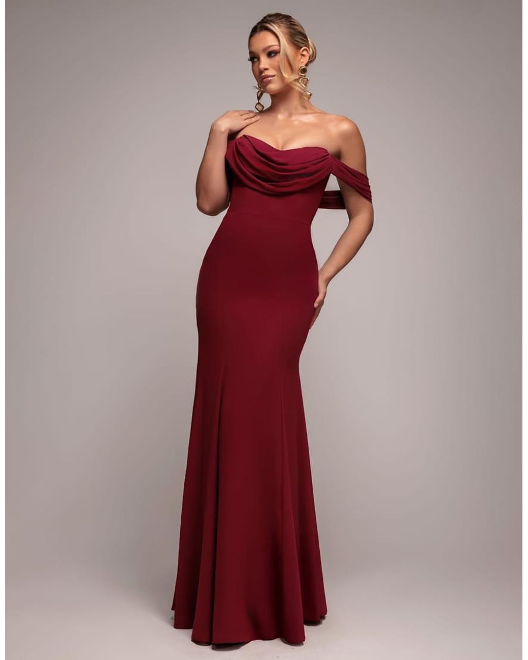 Goddiva Red Chiffon Bardot Cowl Neck Maxi Dress