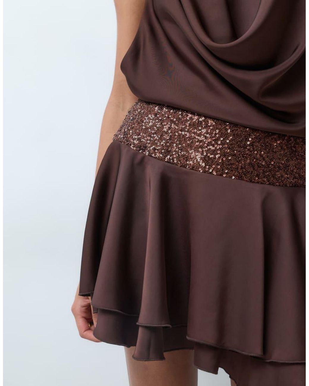 Kaiia Brown Exclusive Plunge Cowl Neck Sequin Waistband Low Back Mini Dress