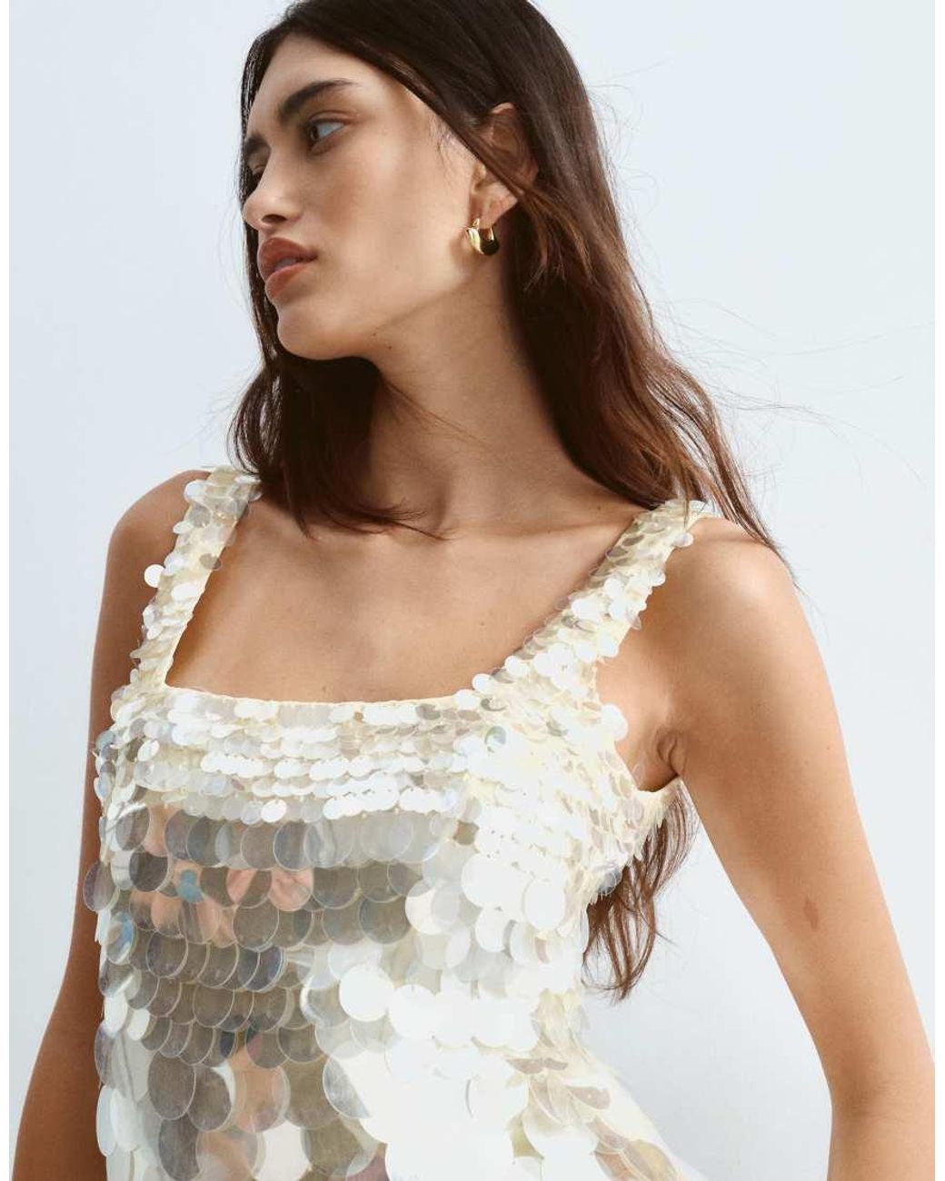 ARRANGE White Embellished Disc Sequin Square Neck Top