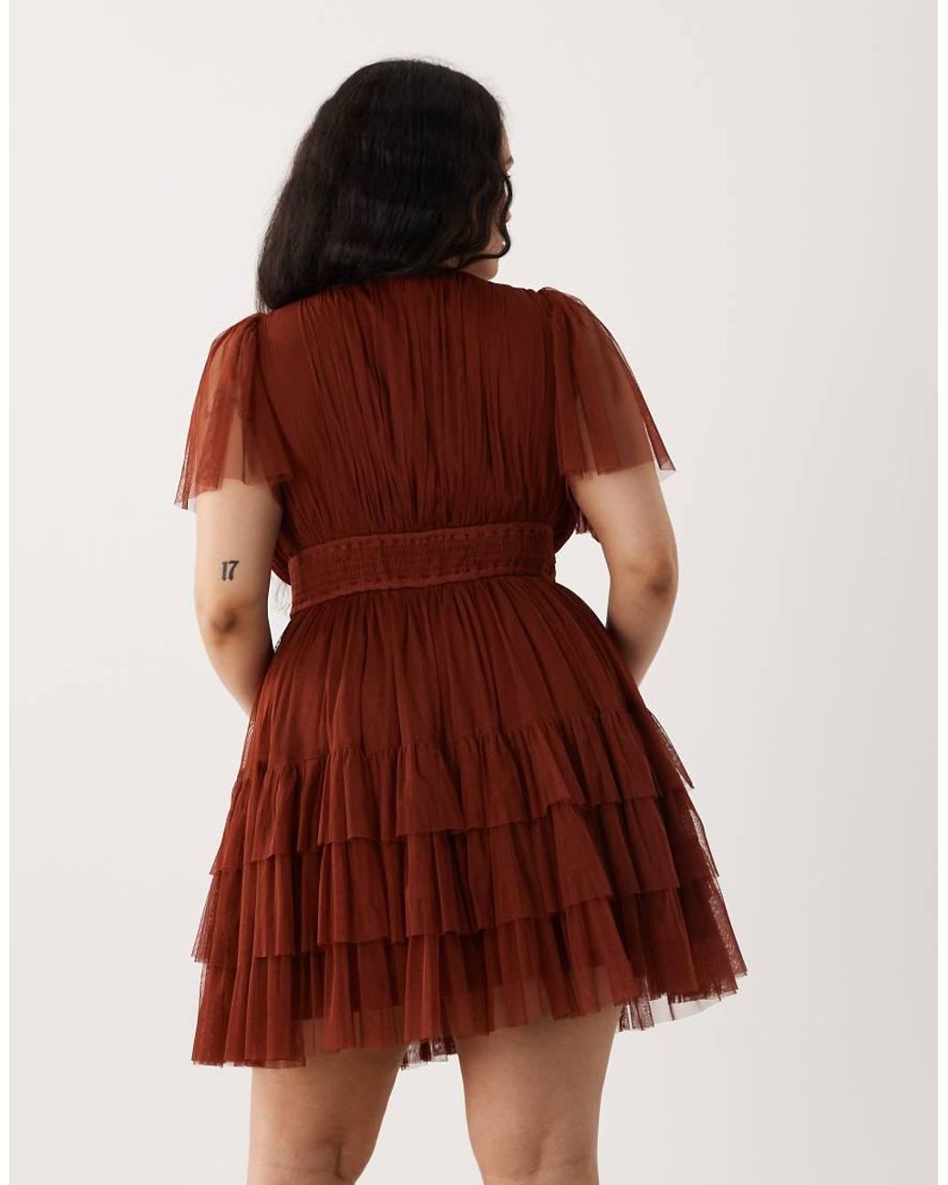 Lace & Beads Plus Red V-neck Ruffle Skirt Mini Dress