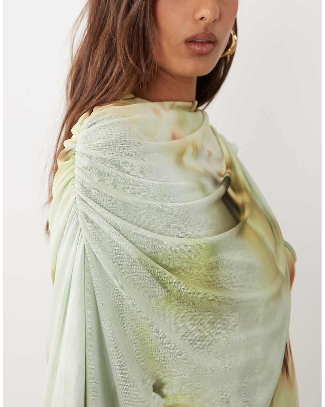 ASOS Green Printed Mesh Maxi Dress With Overlay Draped Neckline Detail